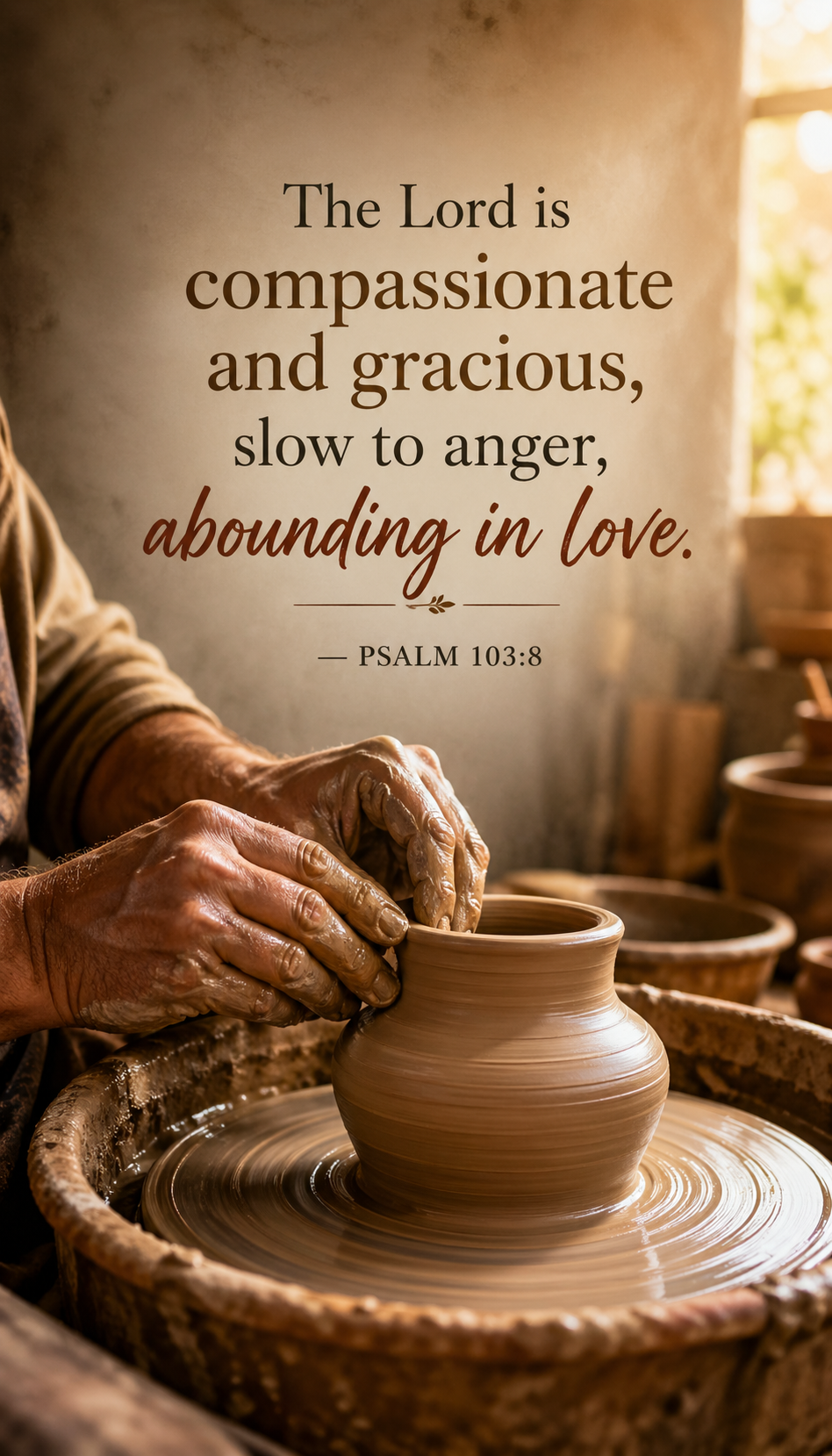 Psalm 103:8 phone wallpaper showing potter shaping clay on wheel with warm golden workshop light